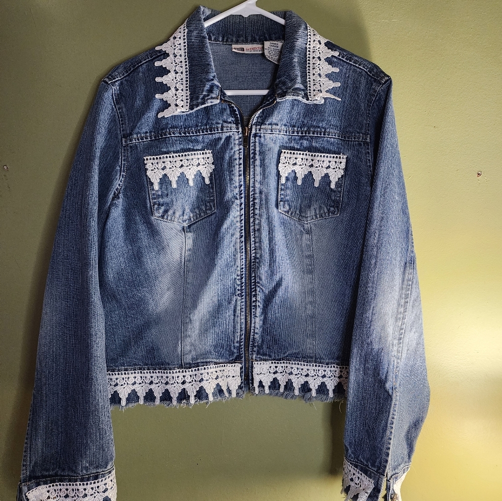 Upcycled Denim Jacket Embellished with White Trim Size Large